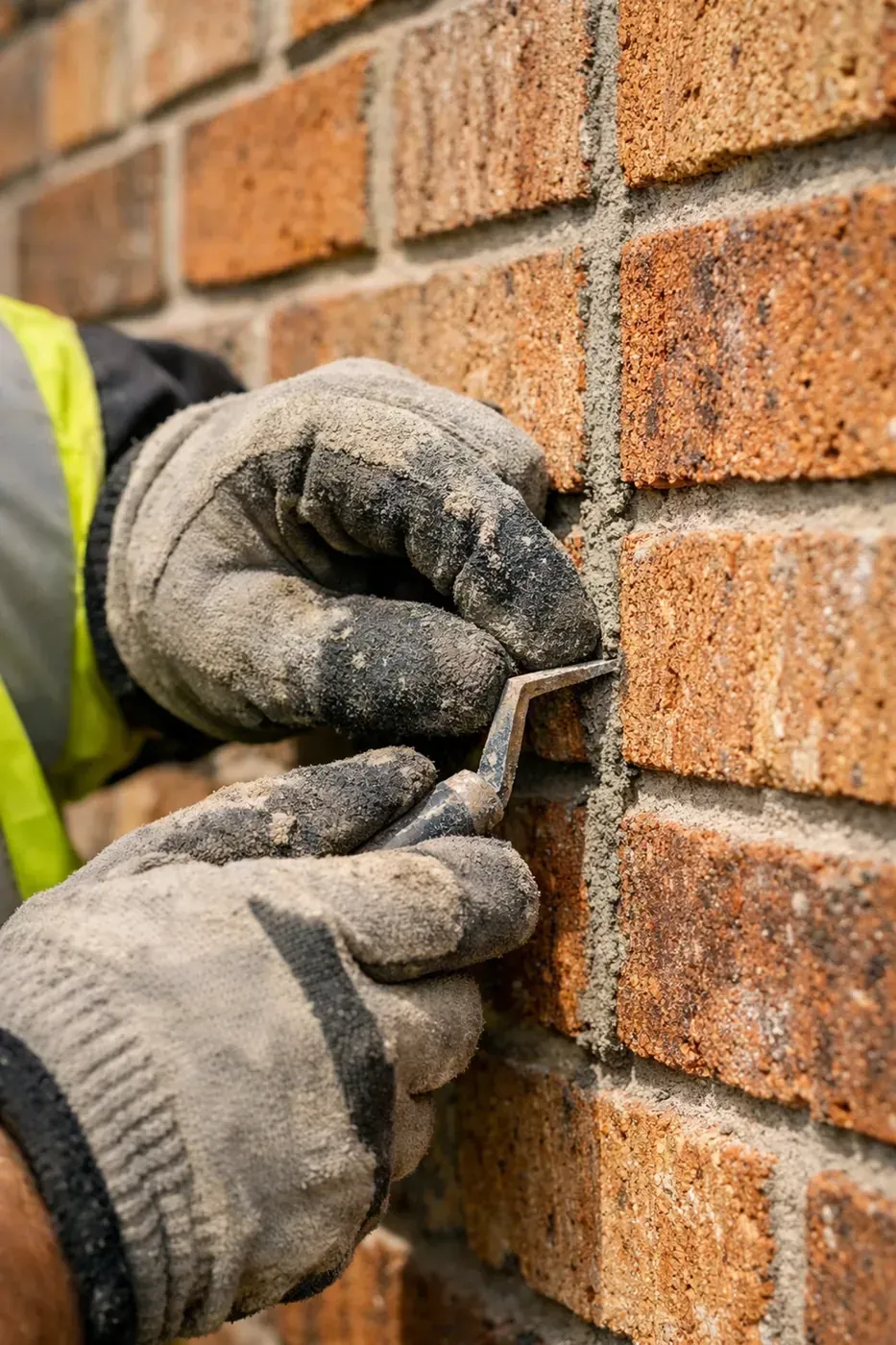 Professional masonry repair Dallas TX technician performing precise tuckpointing on a residential brick wall.