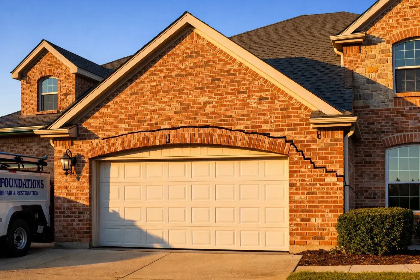 Dallas brick home with sagging garage lintel and visible brick cracking damage