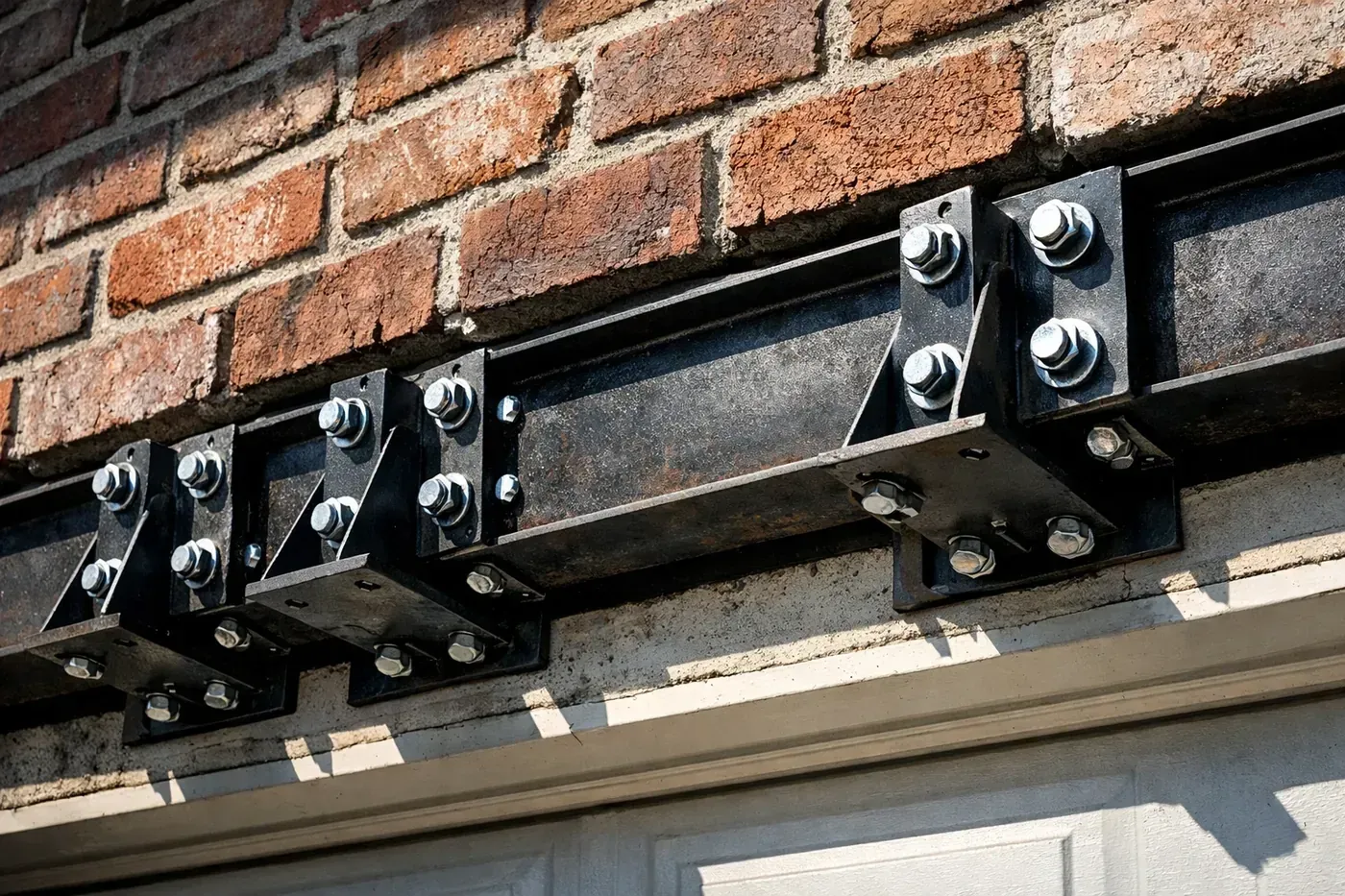 Structural lintel repair in Arlington, TX, showing steel reinforcement to correct sagging brick over a garage door.