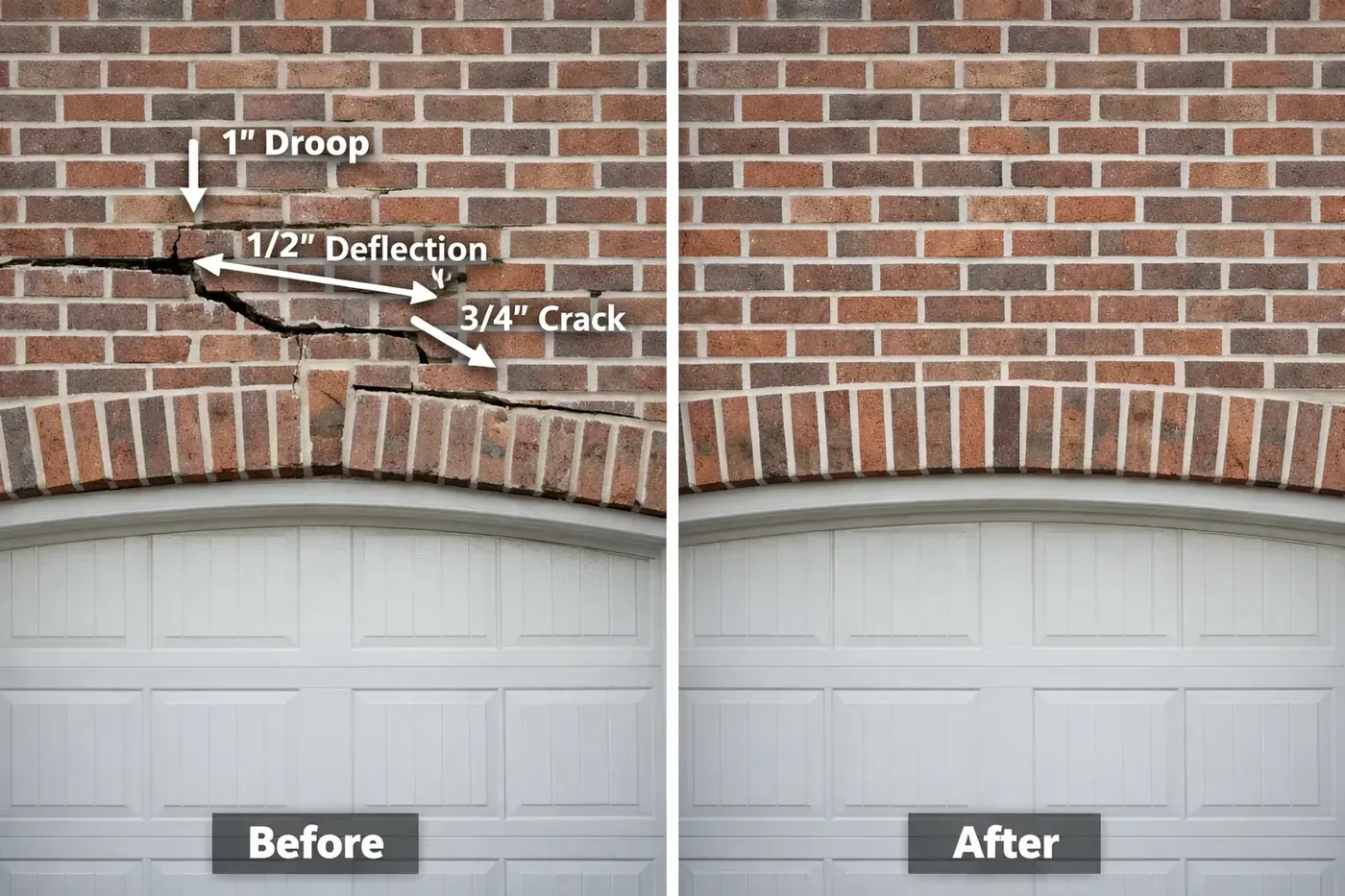 Before and after brick wall repair above garage door showing invisible structural restoration