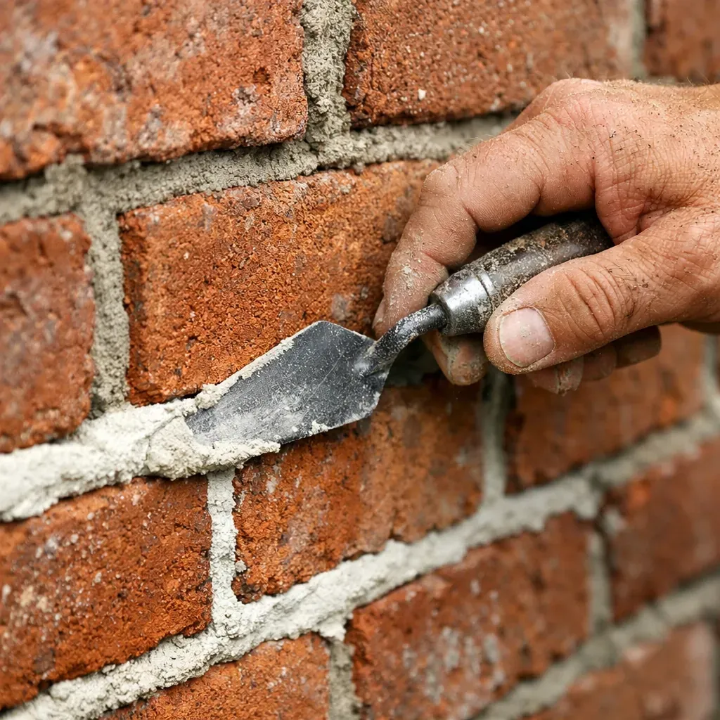 Professional mason applying fresh mortar to brick wall during repointing repair in Dallas