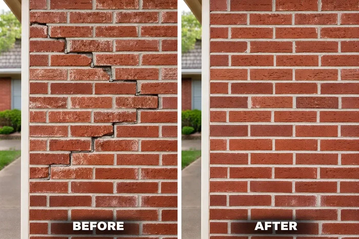 Before and after comparison of professional brick crack repair on a Dallas home