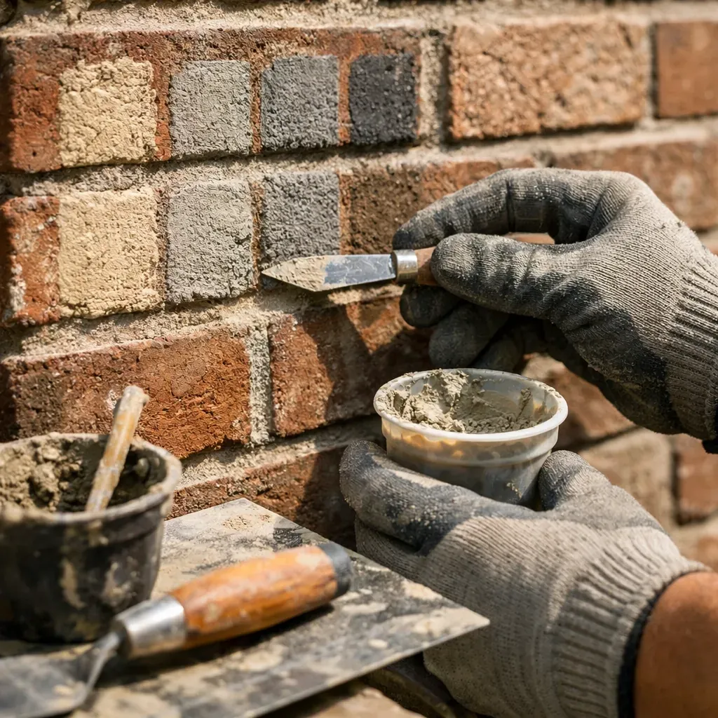 Masonry technician color-matching mortar samples to existing brick joints for seamless repair