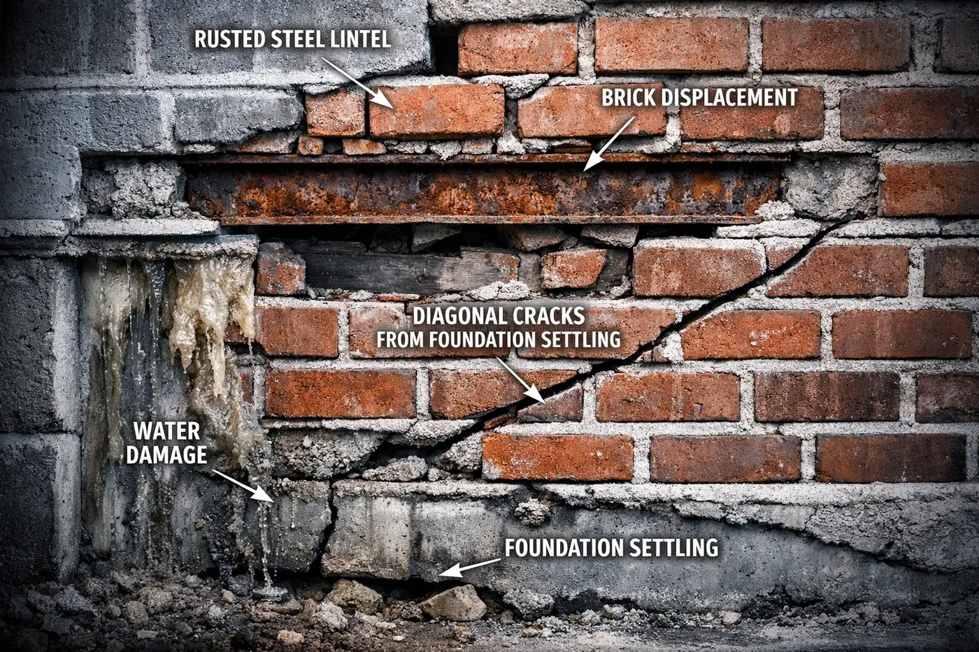 Cross-section of damaged brick wall showing lintel failure and foundation cracks