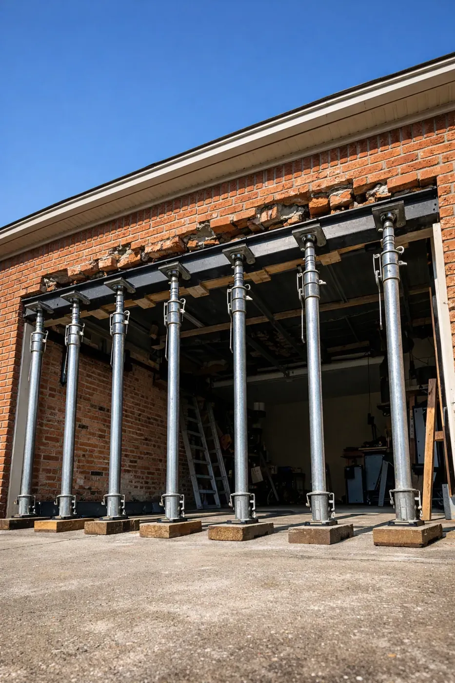 Structural garage lintel repair using heavy-duty shoring to stabilize a sagging brick wall on a North Texas home.