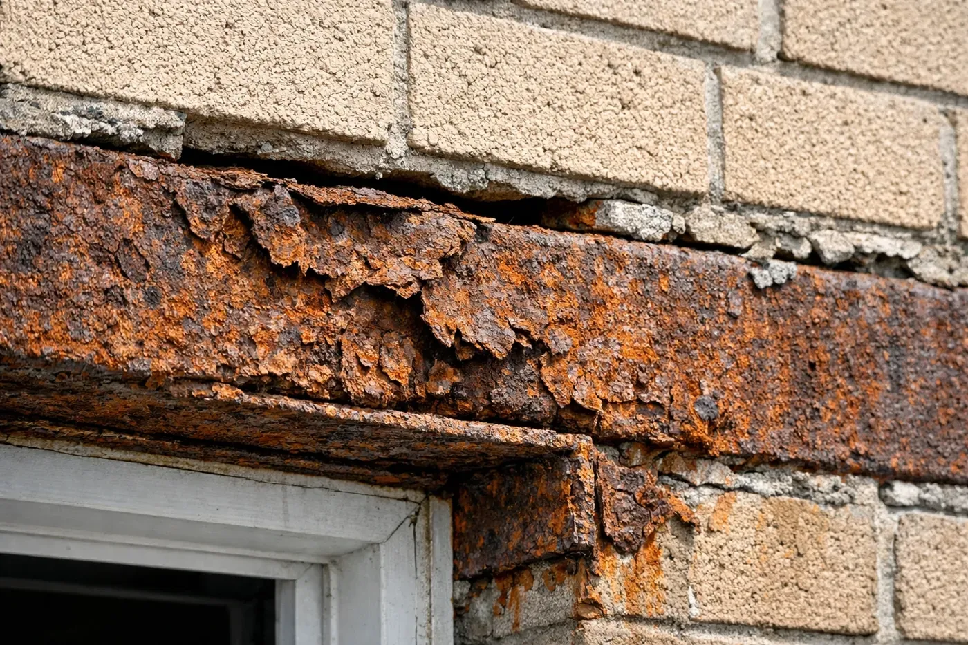 Corroded steel garage lintel with flaking rust and brick separation needing lintel repair.