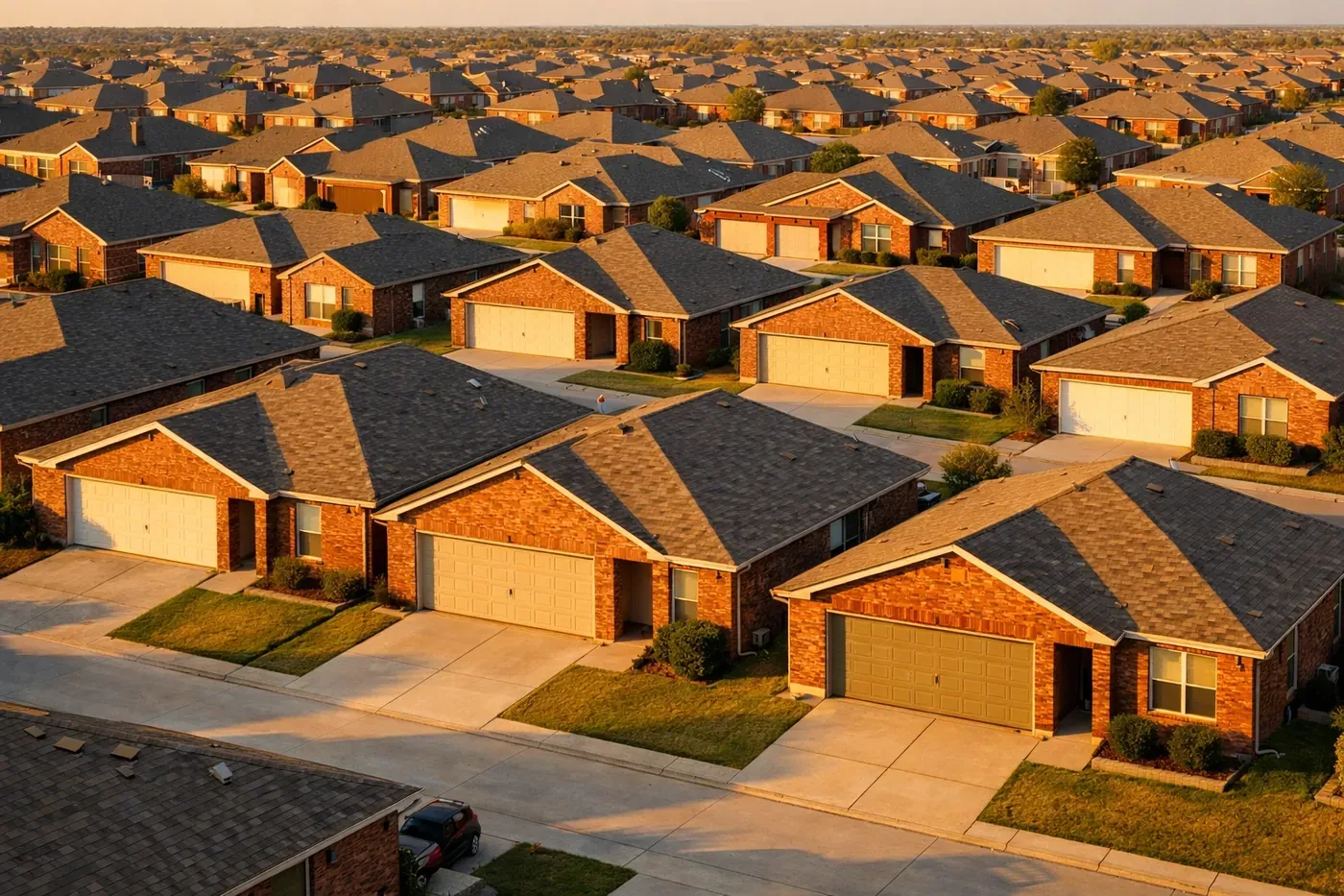 Dallas suburban neighborhood with brick homes showing typical garage lintel construction