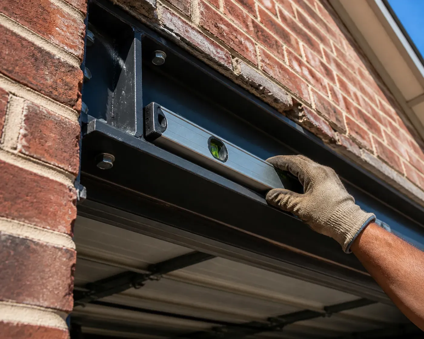 Mason using a level to verify structural garage lintel repair and corrective lift for sagging Dallas brickwork.