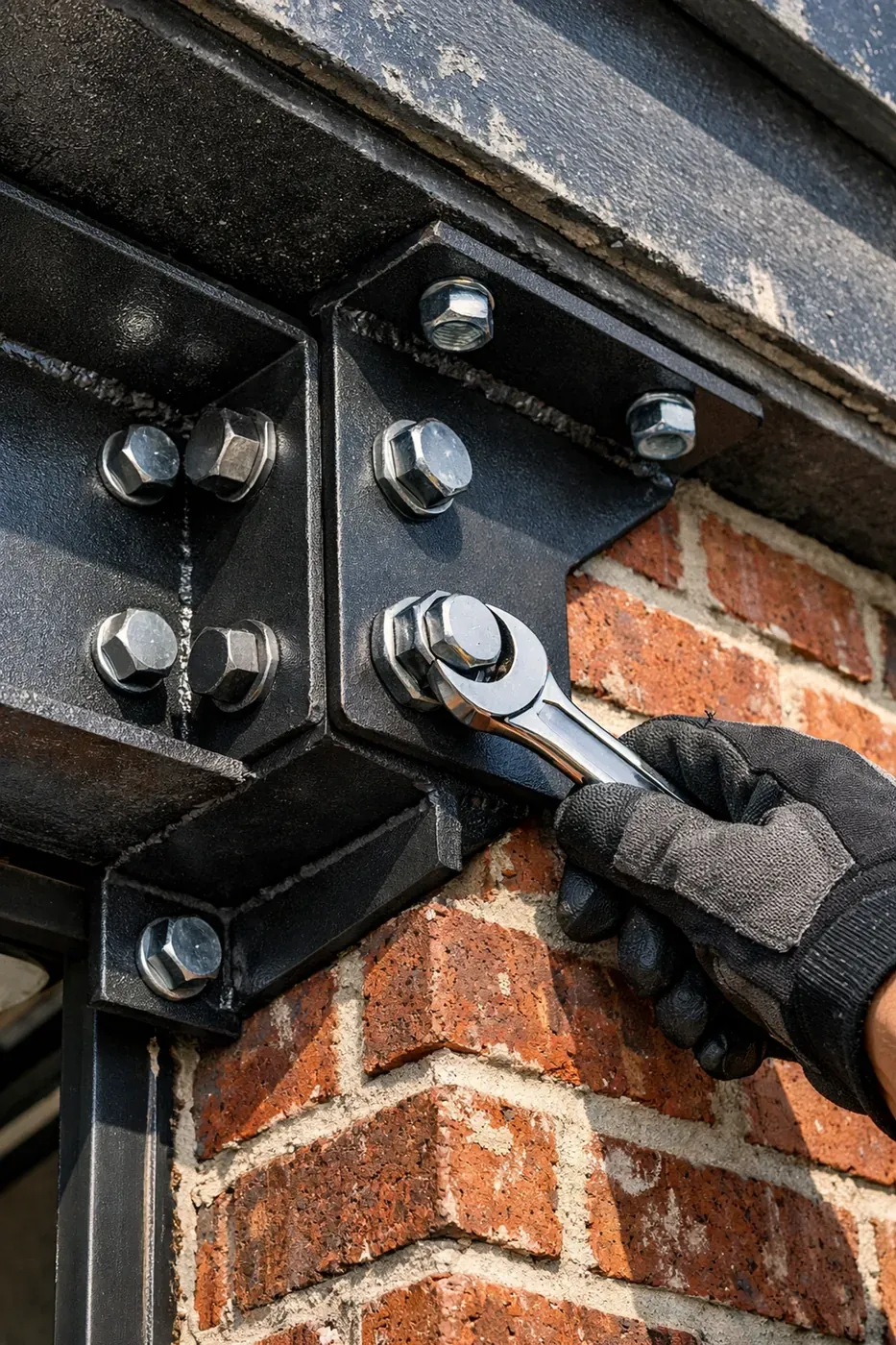 Dallas garage lintel repair using the LintleLOCK™ system to stabilize sagging bricks and reverse torsional twisting.