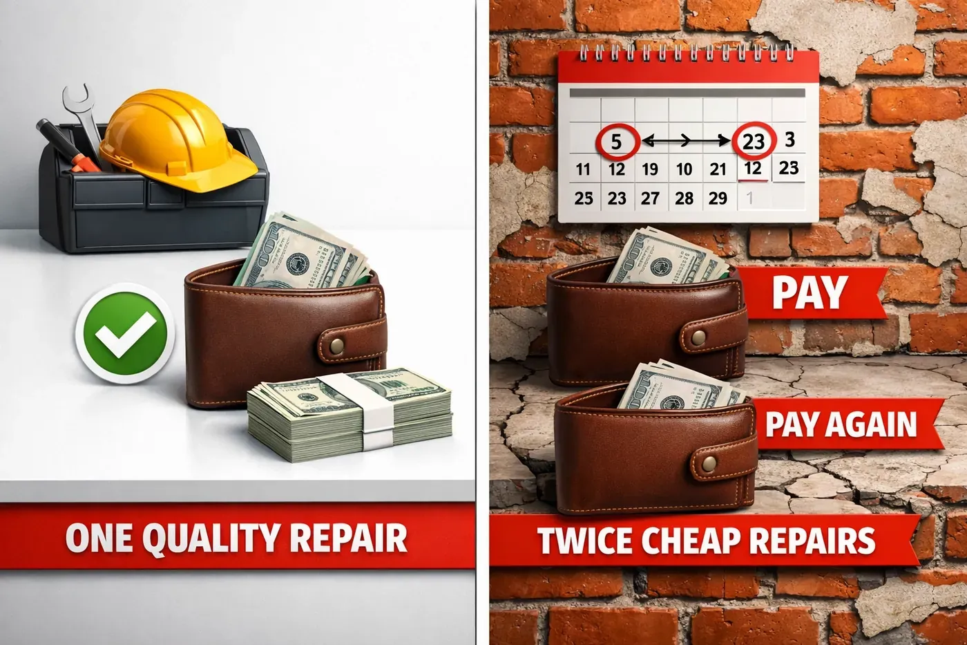 Cost comparison showing paying twice for cheap brick repairs versus once for quality work