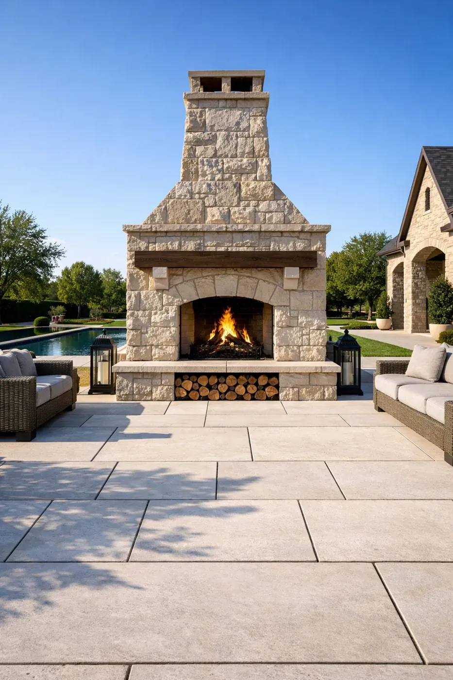 Luxury stone patio installation Dallas showcasing custom stonework and architectural limestone fireplace.