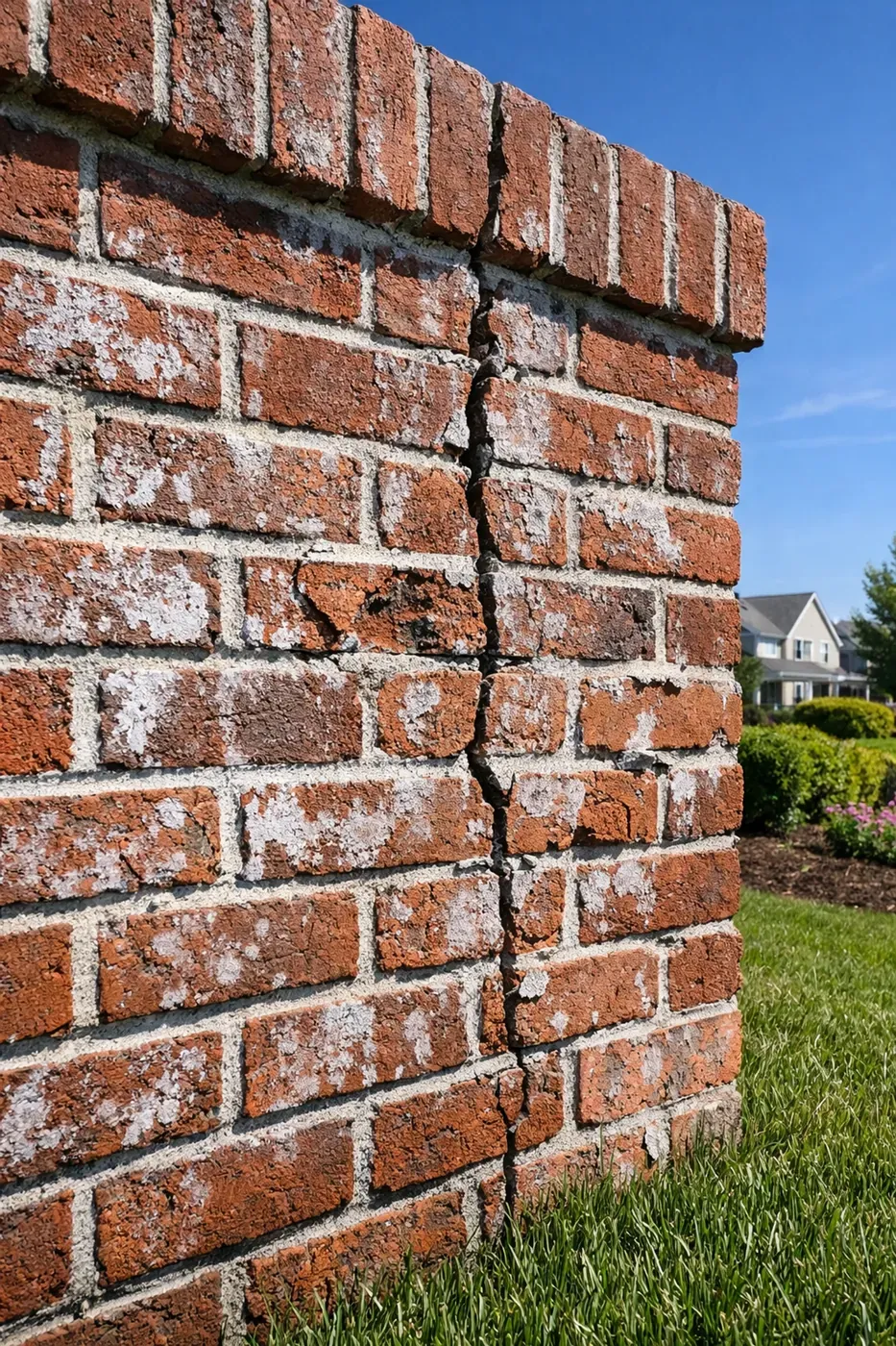 Damaged brick perimeter wall showing efflorescence and spalling requiring HOA masonry repair