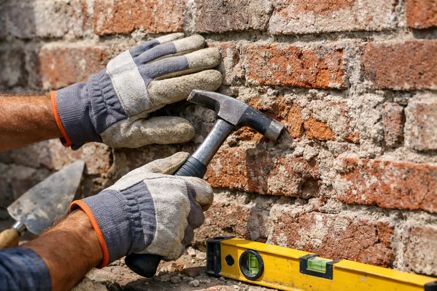Professional mason inspecting spalled brick with masonry hammer during brick repair assessment