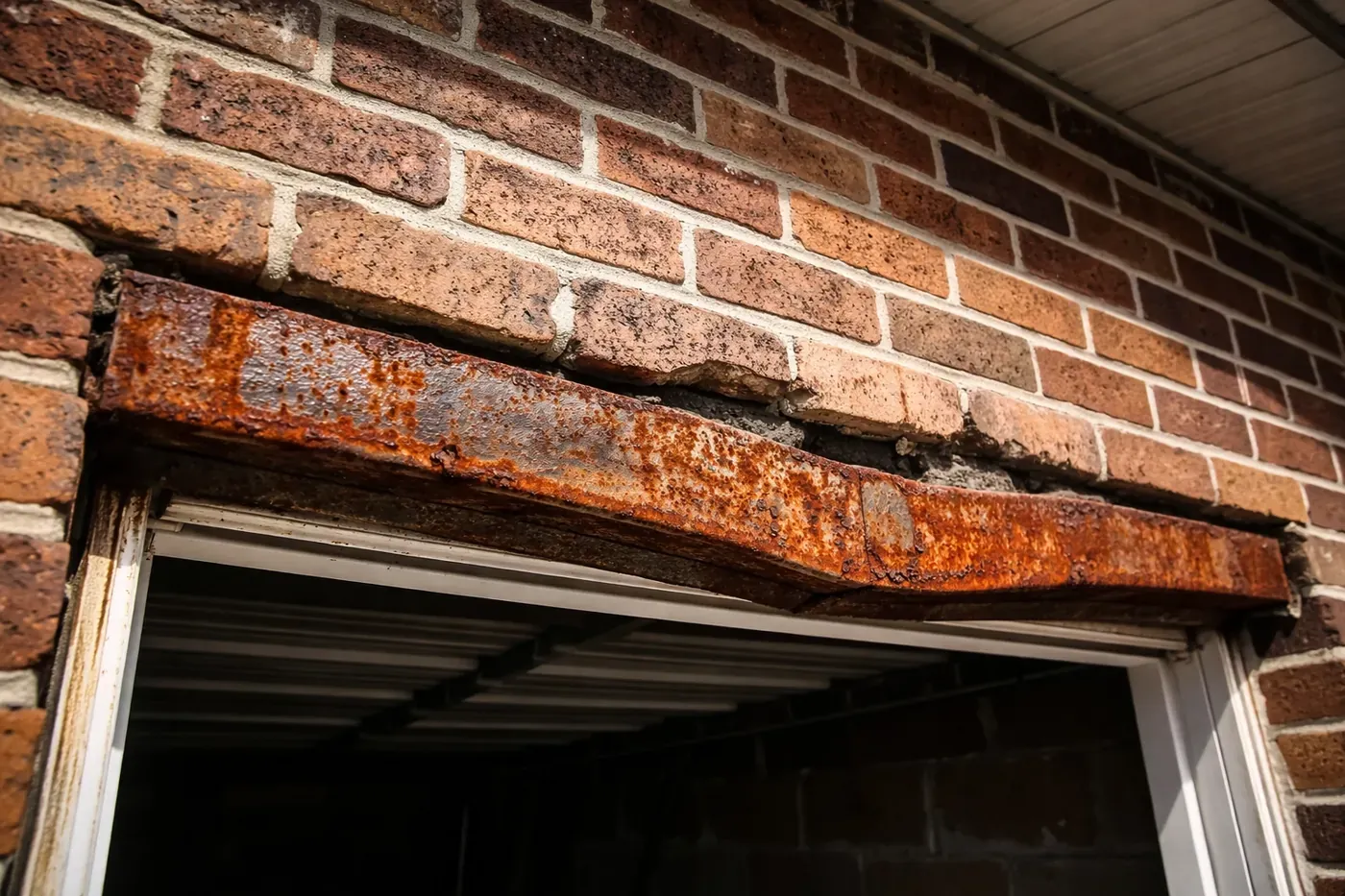 Sagging steel lintel with rust stains above garage door causing brick damage