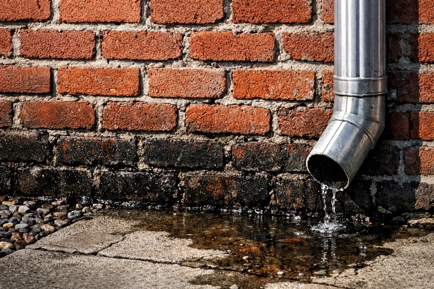 Moisture saturation at the base of a brick wall caused by poor drainage and an incorrect downspout.