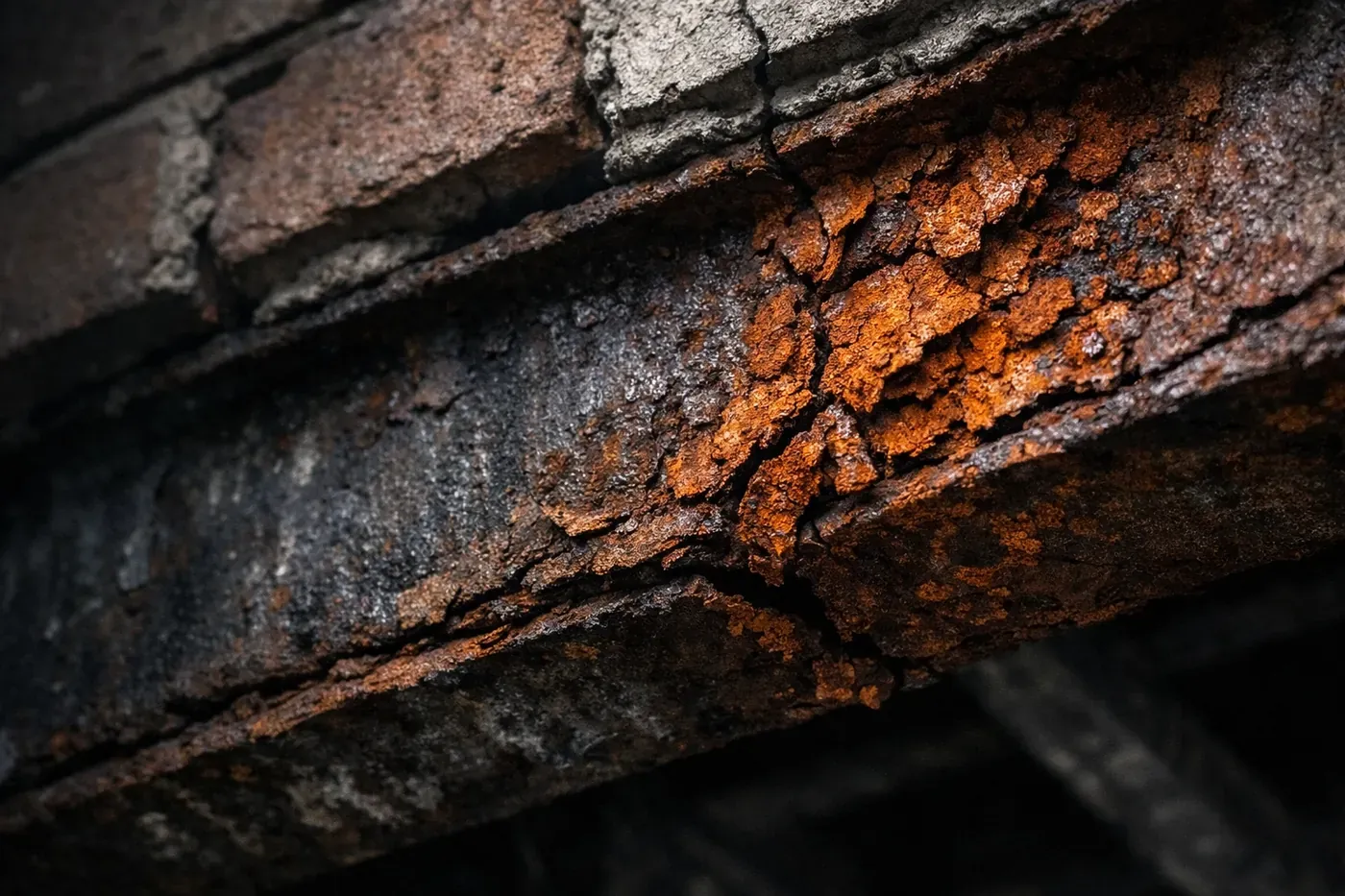 Corroded steel lintel showing rust expansion and deterioration causing rotational failure