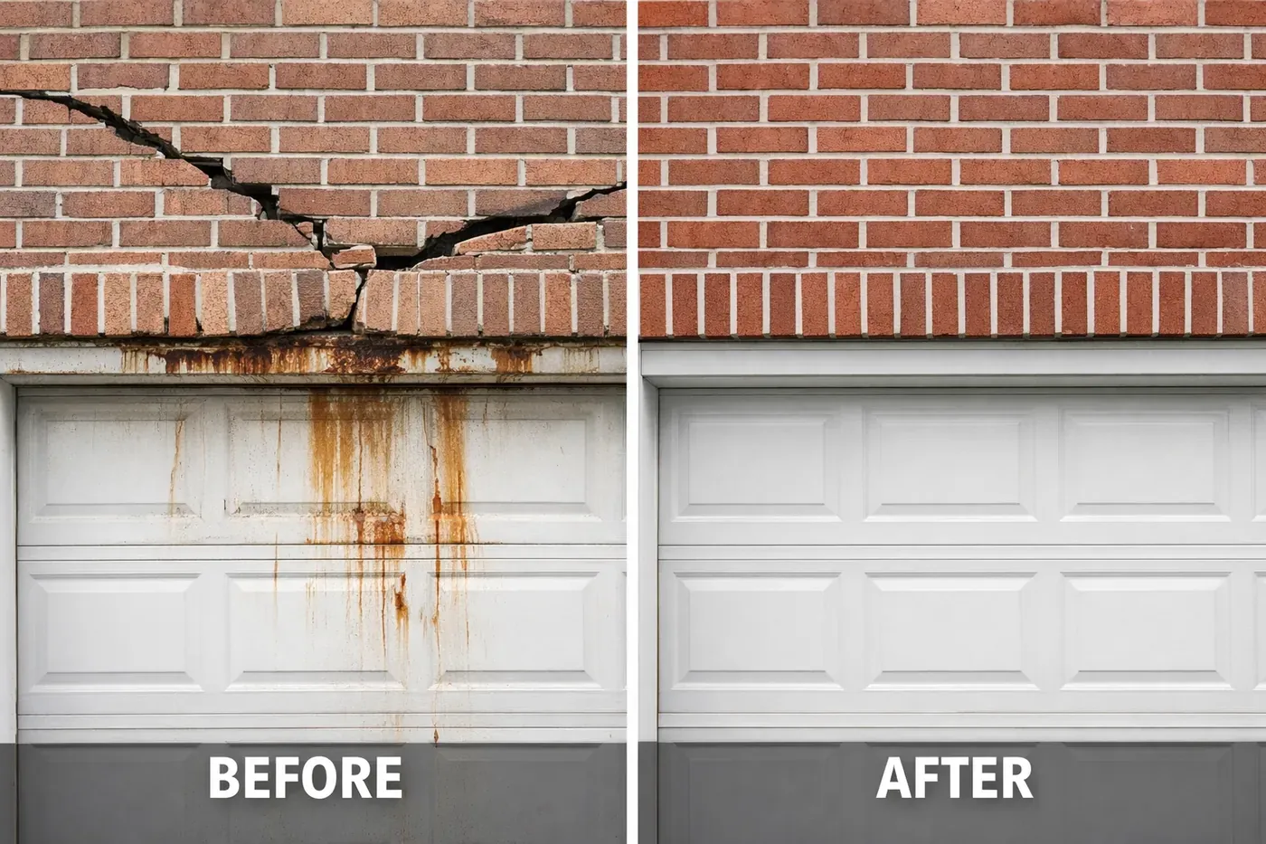 Before and after garage lintel repair comparison showing damaged vs restored brick facade