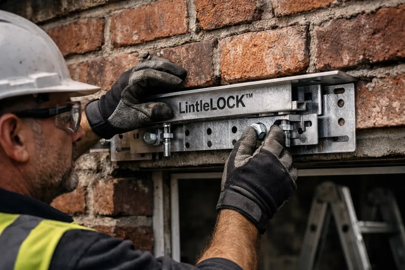 Technician installing LintleLOCK system on brick wall above garage door for permanent lintel repair