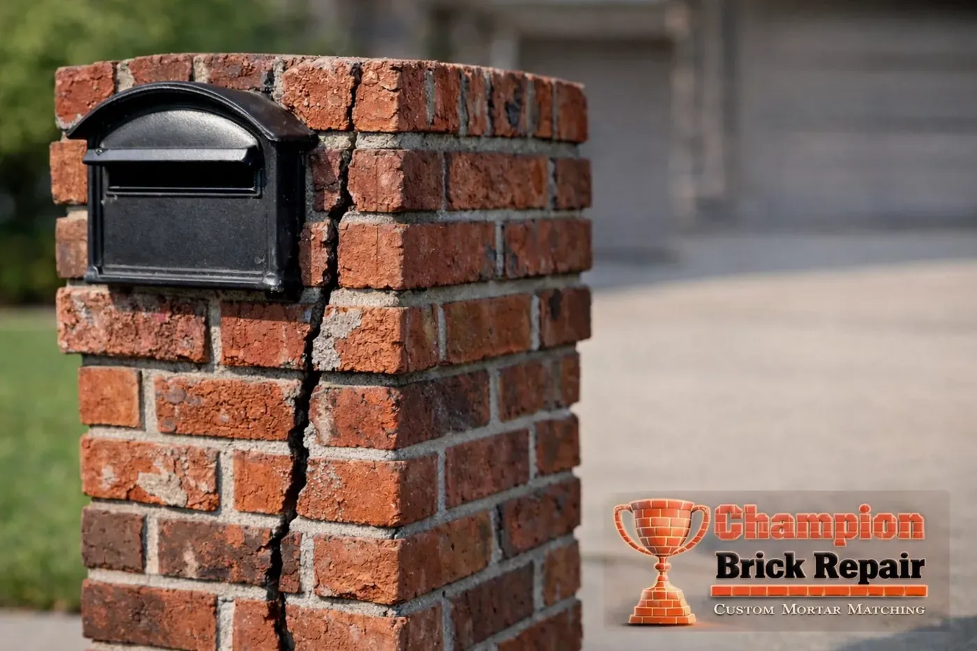 Damaged brick mailbox showing cracks and mortar deterioration needing repair (Champion Brick Repair branded)