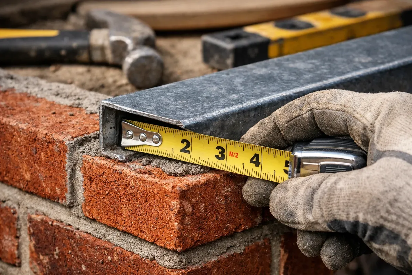 Mason measuring bearing length during professional lintel repair installation on brick wall