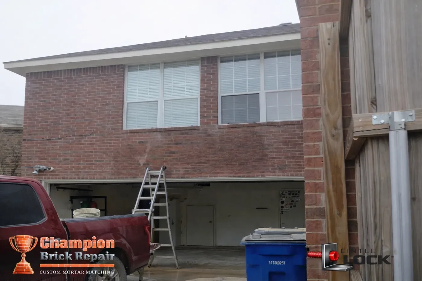 Real Dallas garage lintel repair showing sagging brick and cracking above the garage door (Champion Brick Repair + LintleLOCK™ logos)