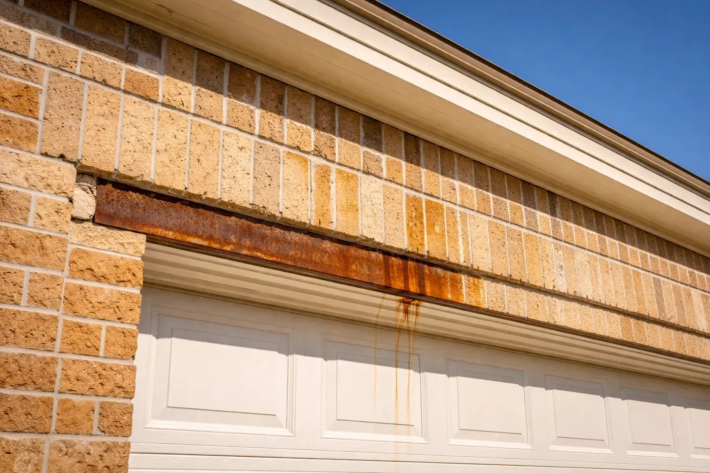 Close-up of a brick garage in Texas showing rust-stained lintel above the garage door, highlighting masonry issues.