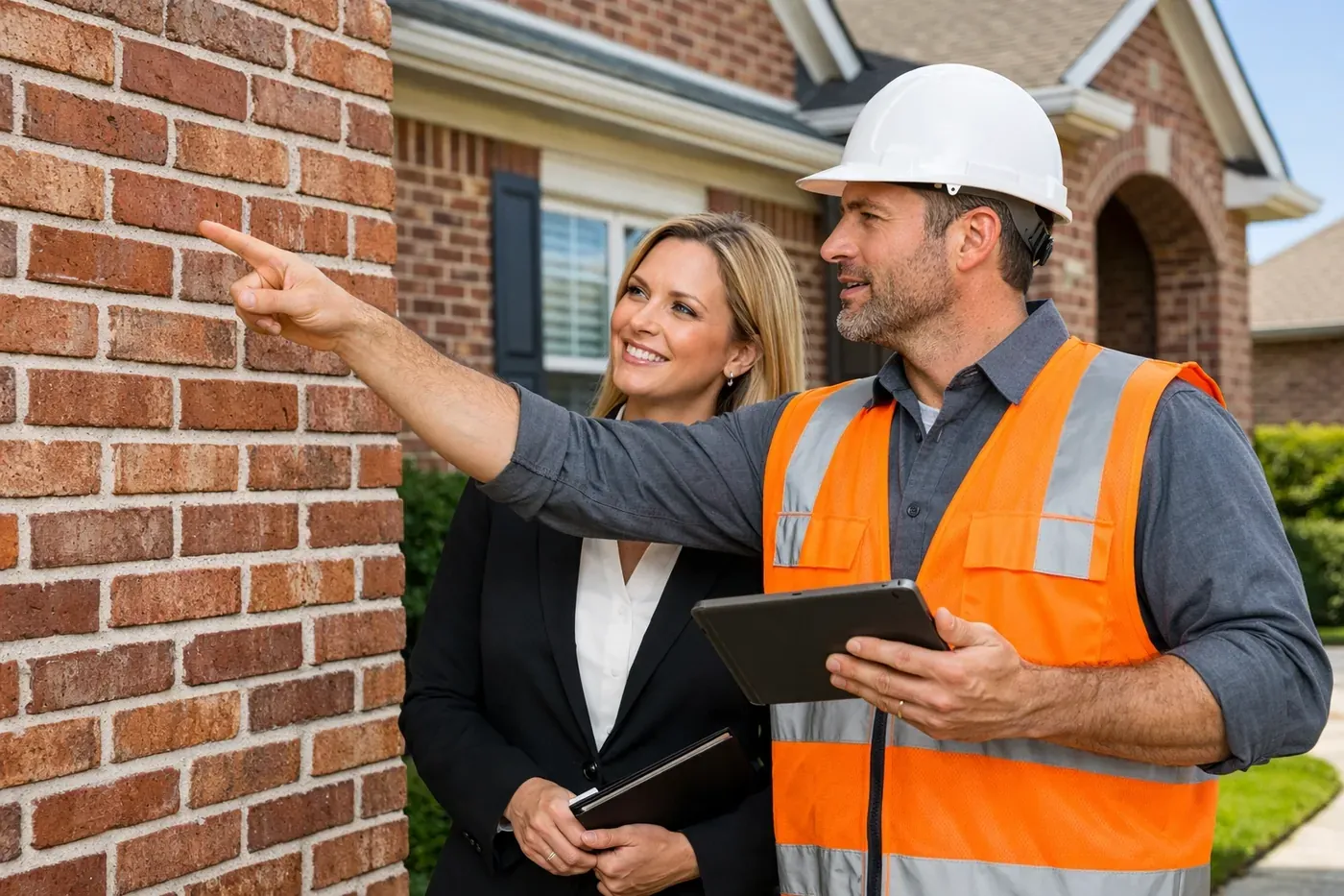 A Dallas masonry repair expert and DFW realtor discussing structural inspection repair for a fast closing.