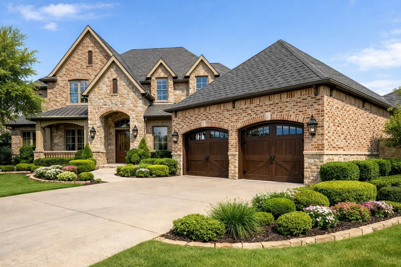 Luxury Southlake brick home exterior with pristine masonry and two-car garage