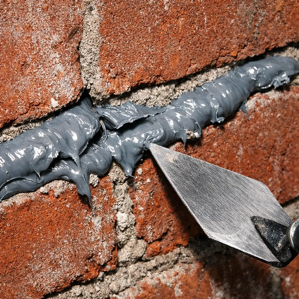 Failed DIY brick crack repair with peeling caulk before professional masonry restoration in Dallas, TX.