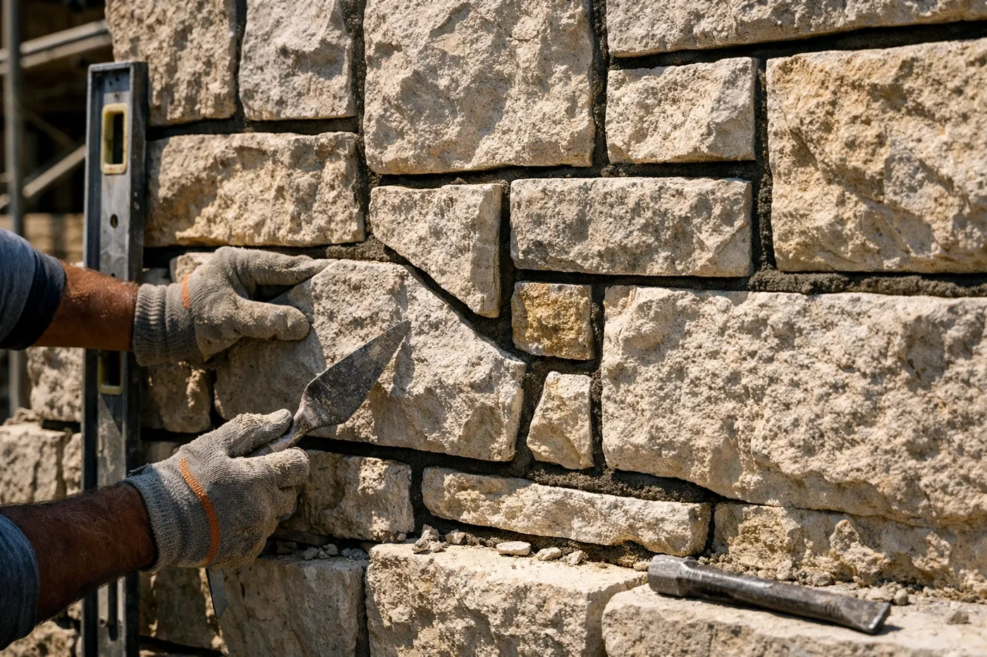 Professional custom stonework Dallas installation with hand-chiseled natural limestone and precise mortar joints.
