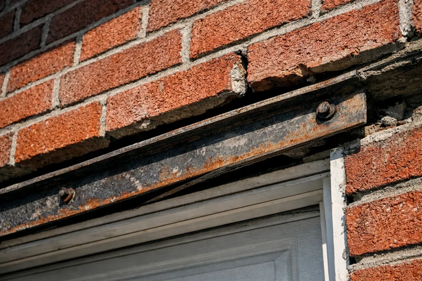 DFW garage header repair showing a sagging lintel and rotational twisting of the brick masonry structure.