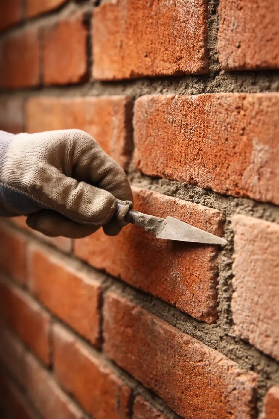 Professional masonry repointing with trowel applying fresh mortar to brick joint