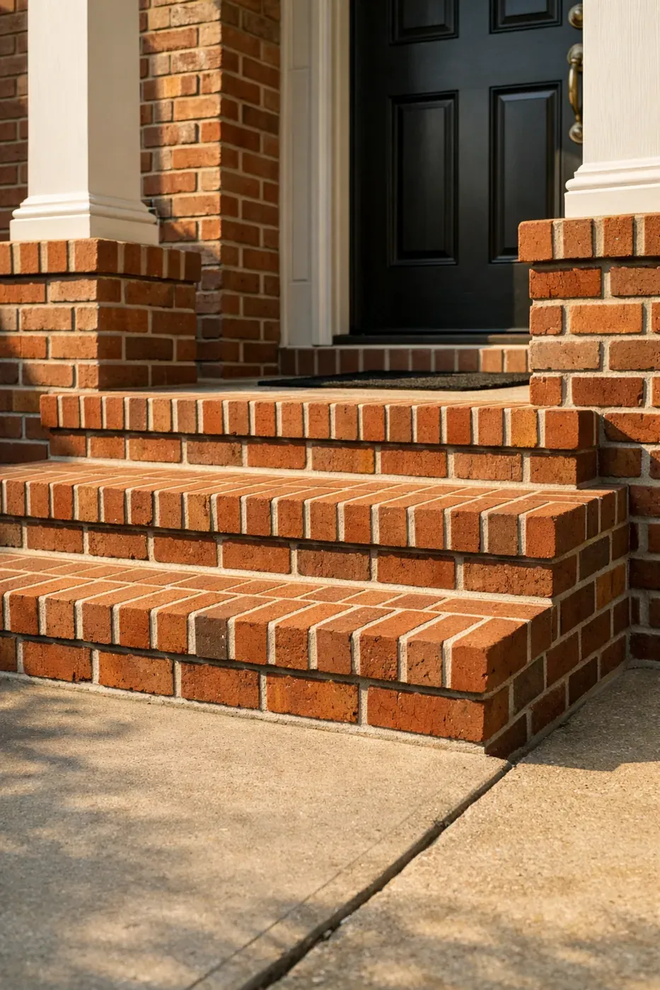 Professional brick repair on front entry steps with clean mortar joints and alignment