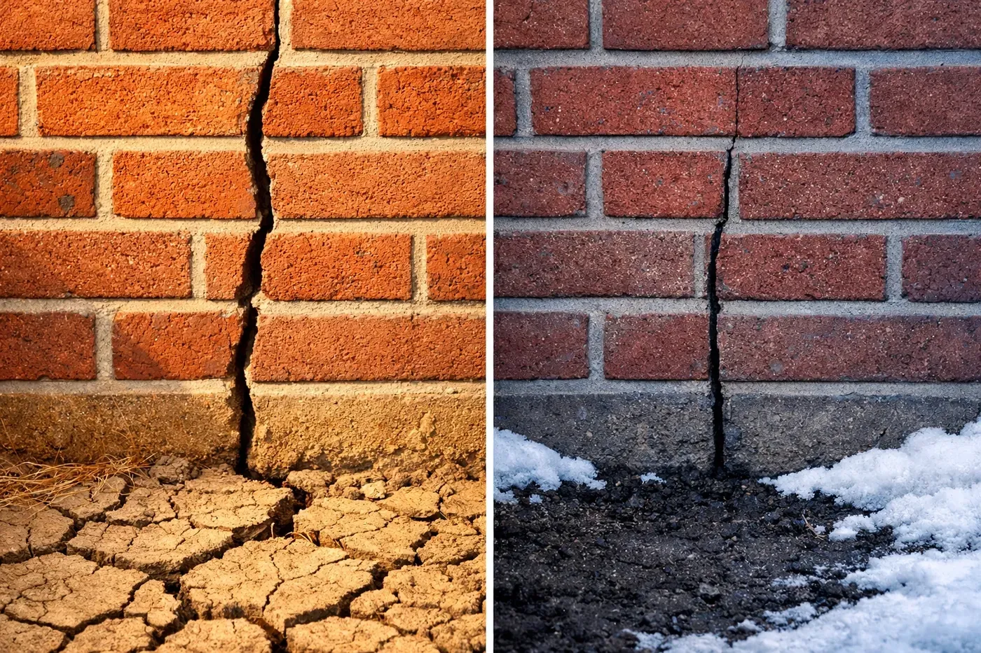 Seasonal brick crack comparison showing Dallas clay soil effects on masonry