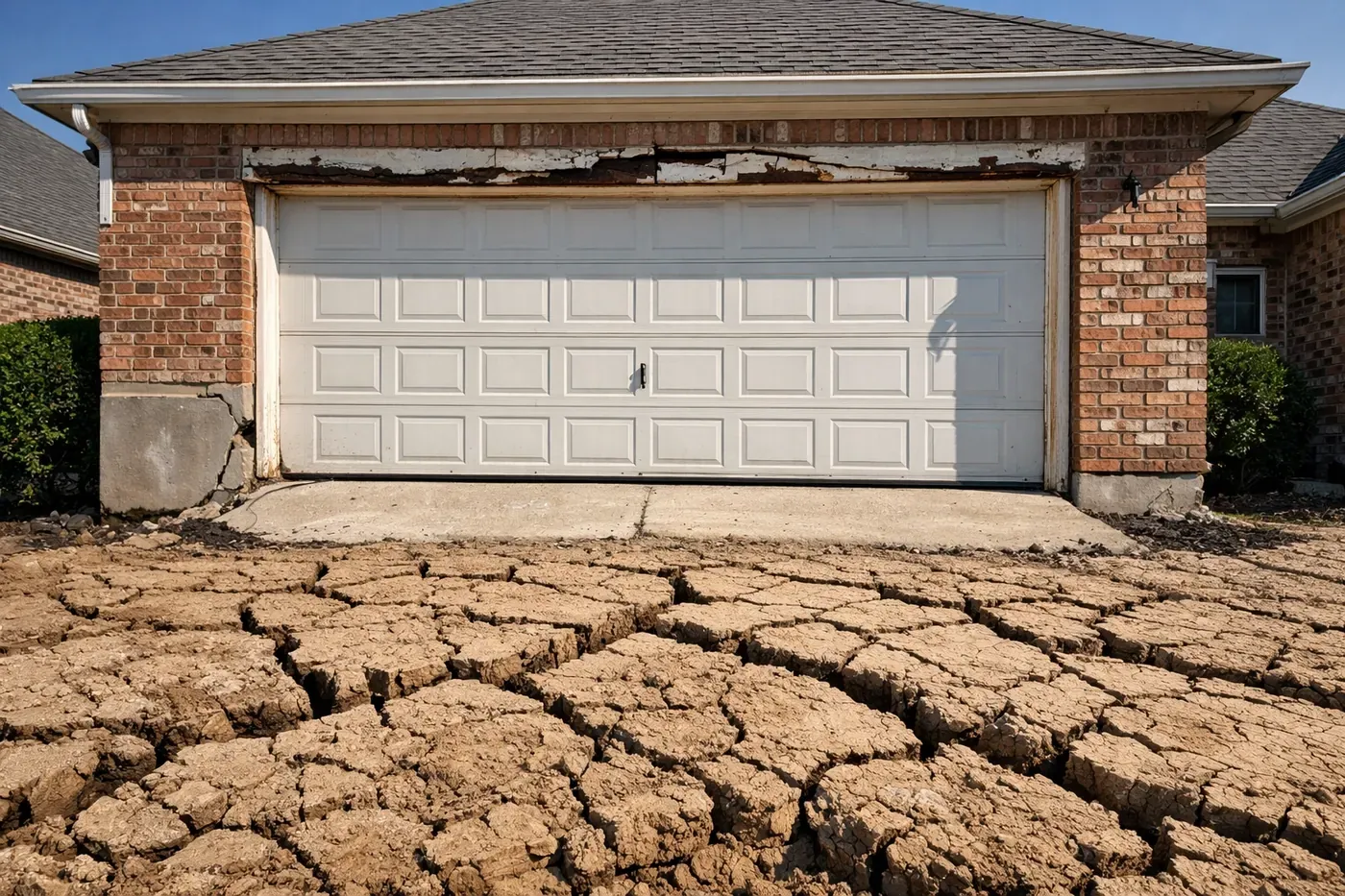Dallas brick home with garage door lintel damage and foundation cracks from clay soil movement