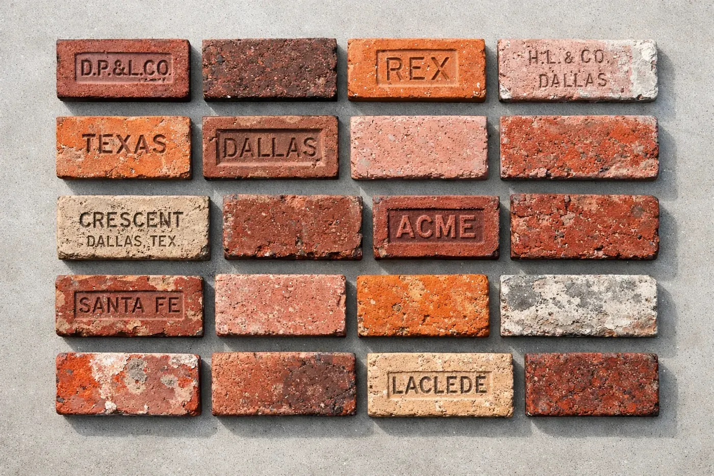 Collection of vintage and salvaged bricks showing various colors from historic Dallas homes