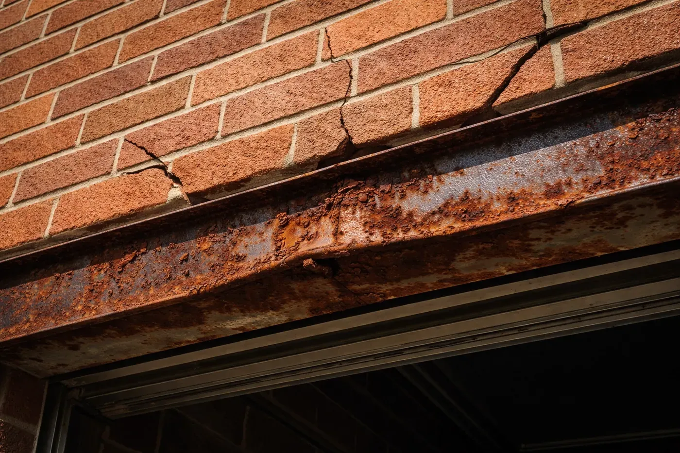 Detail of sagging steel lintel and cracked brick above garage door, illustrating lintel repair needs.