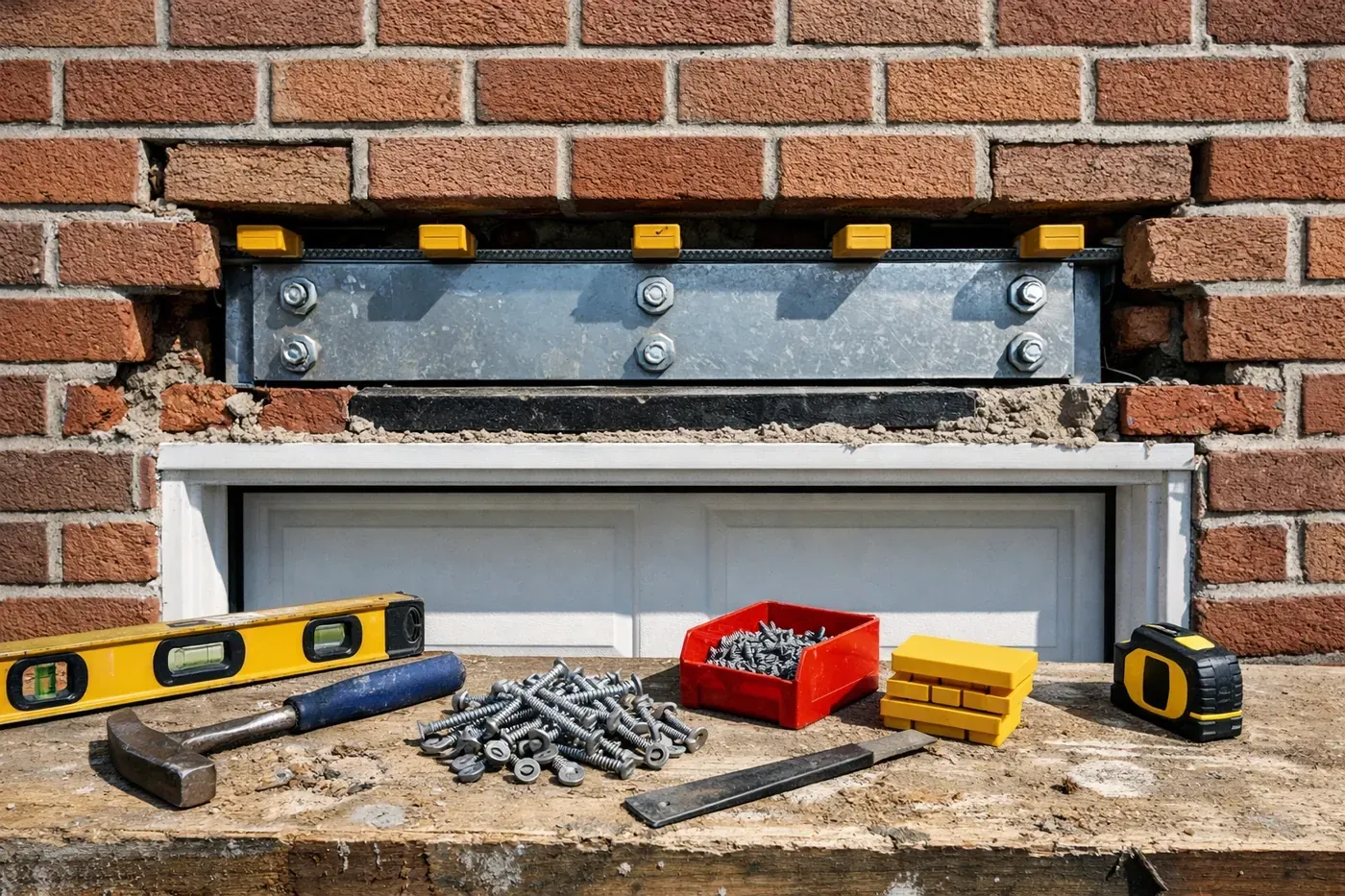 LintleLOCK garage lintel repair installation showing precision airspace gap and brick removal