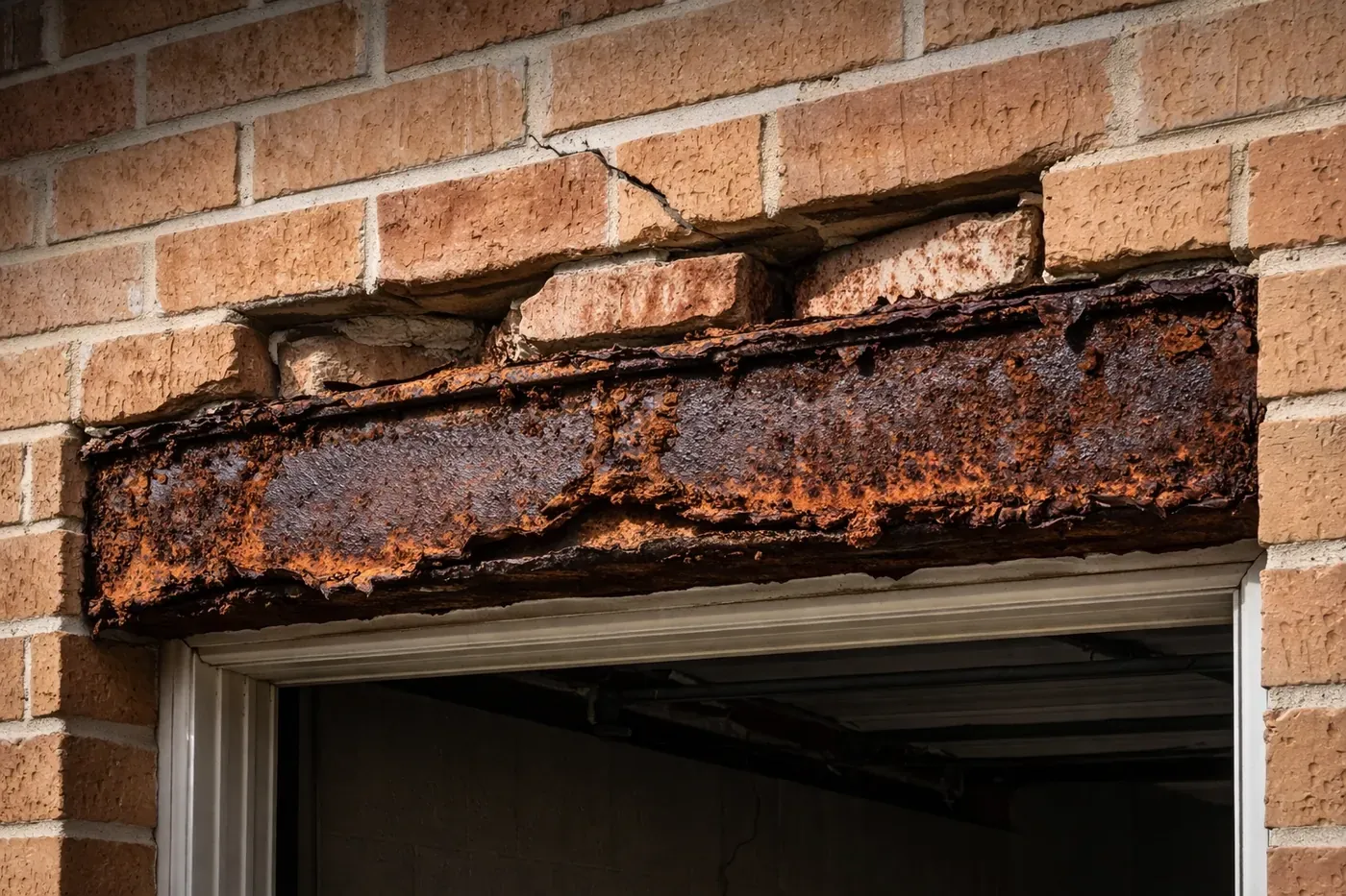 Corroded steel lintel with rust damage and sagging brick above a garage door opening