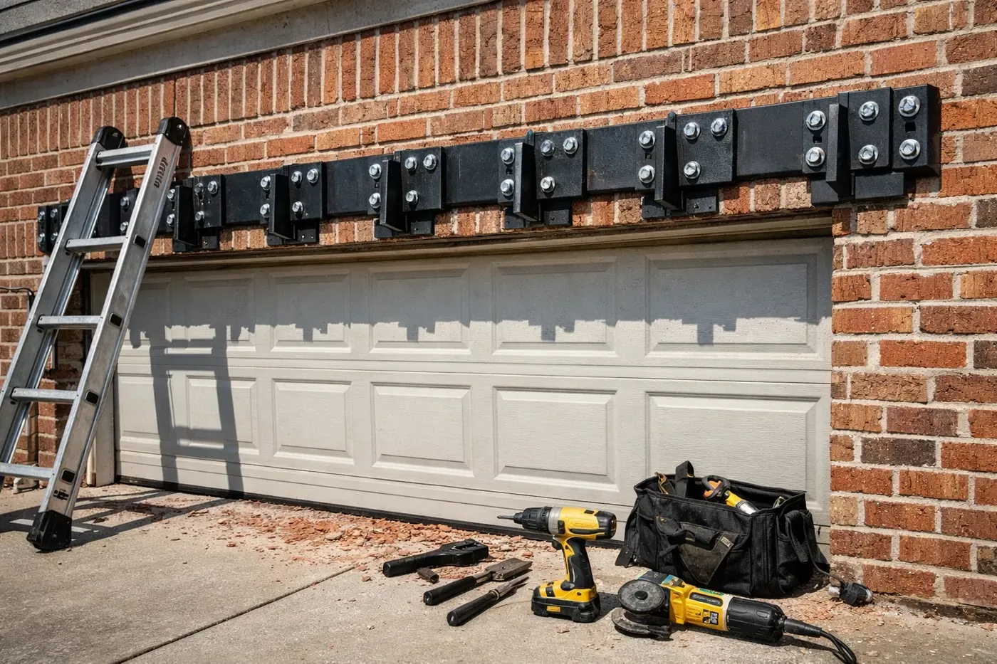 Professional garage lintel repair near me using the LintleLOCK system on a Dallas brick home.