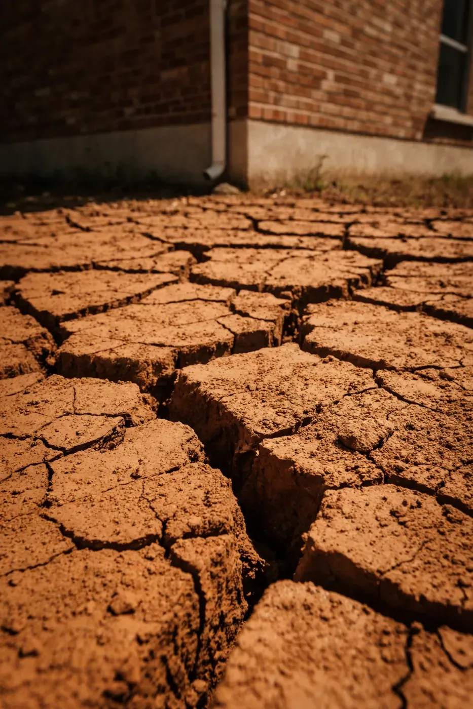 Cracked Dallas clay soil with deep fissures near a brick home foundation during drought conditions