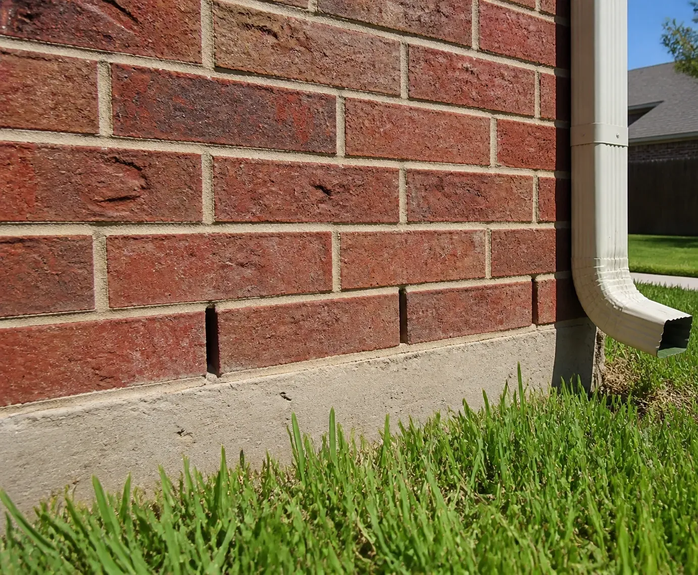 Professional masonry repair in Dallas TX showing functional weep holes and gutter drainage on a red brick wall.