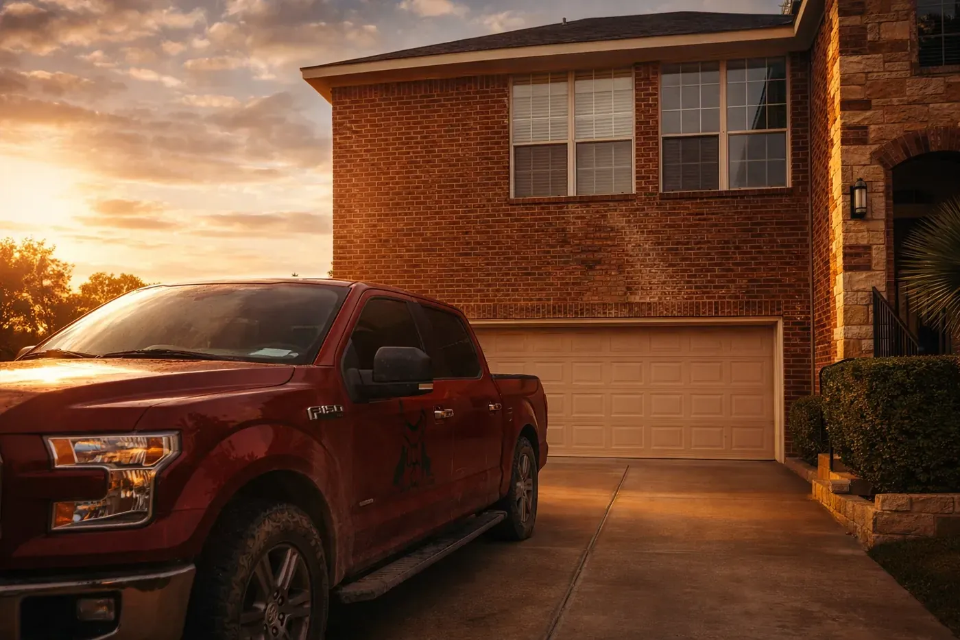 Champion Brick Repair & Whitestone Construction truck at brick home
