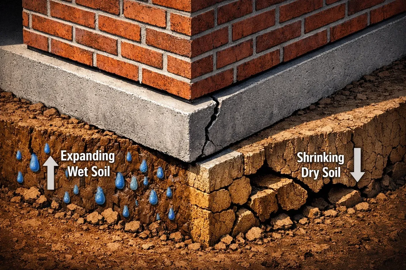 Brick foundation differential settlement caused by Dallas clay soil expansion