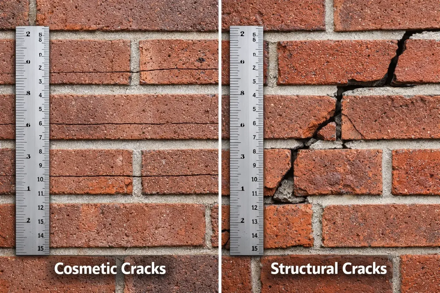 Comparison of cosmetic mortar cracks versus structural brick damage requiring repair