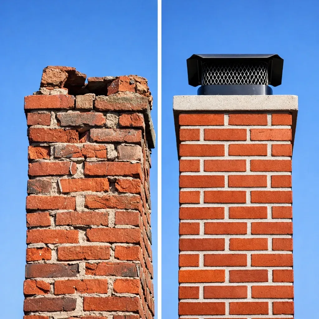 Before and after comparison of chimney brick repair showing professional restoration