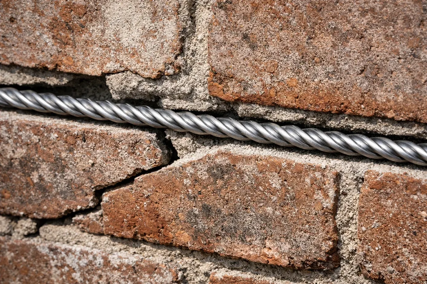 Professional brick stitching using a stainless steel rod to reinforce a cracked masonry wall in North Texas.