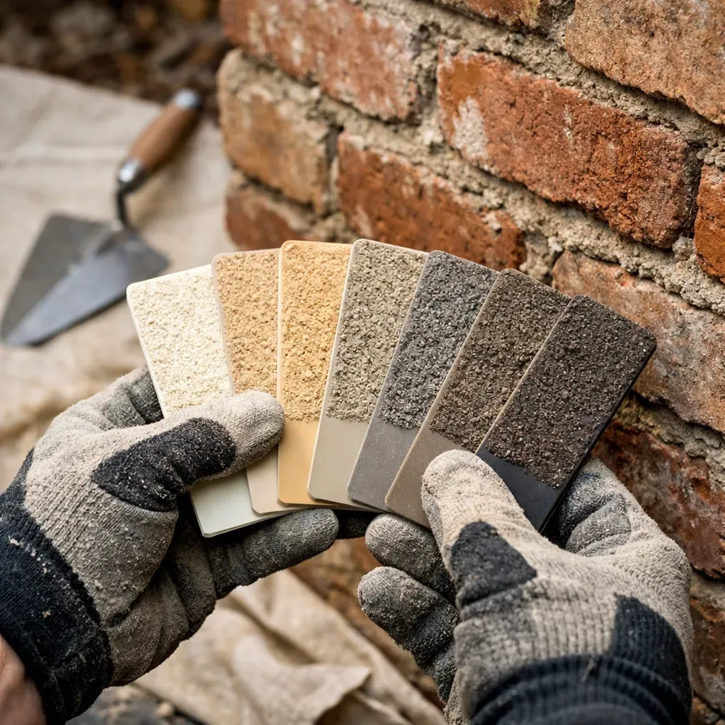 Masonry technician matching mortar sand samples for seamless masonry repair dallas tx on an aged brick home.