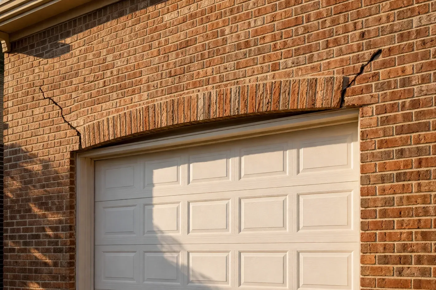 Sagging lintel and stair-step cracks on a Dallas-Fort Worth brick garage, showing common inspection red flags