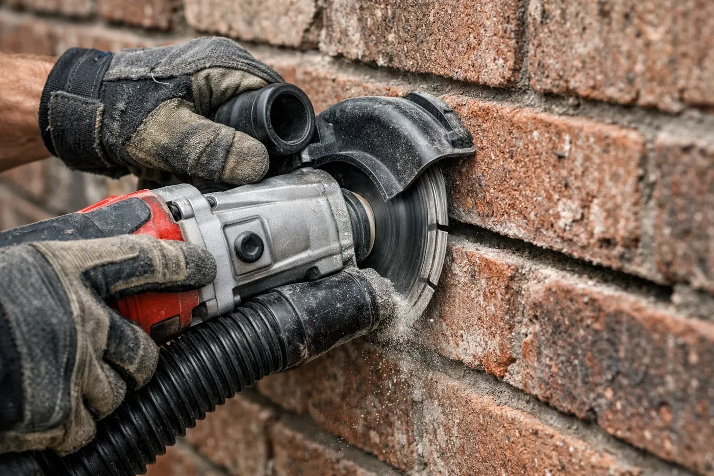Professional mason grinding out old mortar for deep tuckpointing repair on a brick wall.